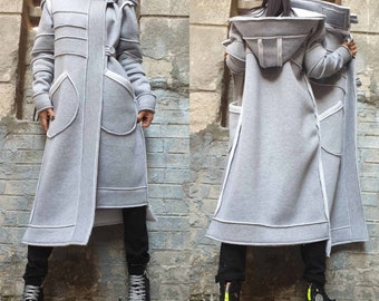 New Collection Warm Coat/Extravagant Winter Vest/Asymmetric Grey Coat/Loose Cardigan/Hooded Coat/Urban Winter Coat/Maxi Woman Clothing