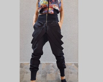 Avantgarde Women Pants/ Party Black Pants/Casual Comfortable Trousers/Extravagant Pants/ Cotton Trousers/High Waist Everyday Pants