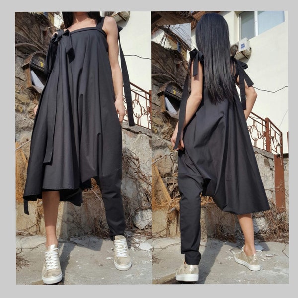 Extravagante Robe de combinaison noire / Salopette Maxi Femme de créateur / Robe de combinaison courte longue décontractée / Combinaison noire asymétrique / Surdimensionnée