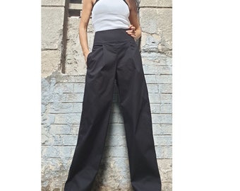 High Waist Wide Leg Black Pants / Classic Cotton Trousers with Side Pockets / Elegant Everyday Women Pants