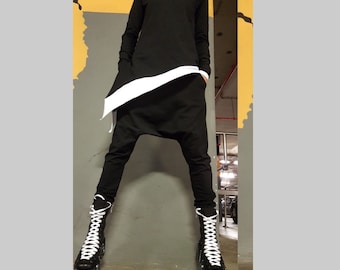 Asymmetric Cotton Set with Harem Pants / Urban Black Outfit / Comfortable Designer Two-Piece Set