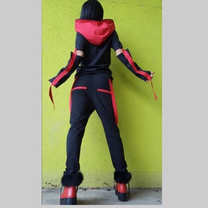 Extravagant Outfit/Casual Comfortable Set/Drop Crotch Pants/Asymmetric Blouse/Pants Blouse Outfit/Black Red Loose Set/Harem Outfit/Set