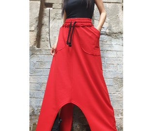 Asymmetrical Red Maxi Skirt / High Waist Cotton Skirt with Pockets / Avant-Garde Style