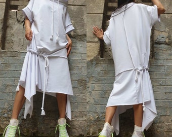 Everyday White Tunic/Asymmetric Summer Dress/High Collar Cotton Tunic/Loose Woman Dress/Extravagant Short Sleeve Dress/Maxi Clothing