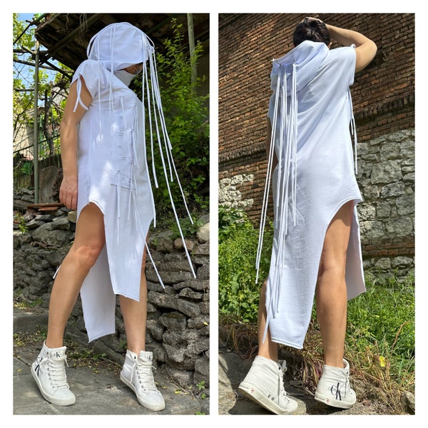 New Asymmetric White Tunic / Hooded Long Top / Casual Cotton Blouse with Fringe / Summer Short Sleeve Tunic / Streetwear Short Long Top