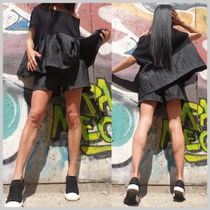 Black Two Piece Set/asymmetric Blouse/black Short Pants/everyday Women