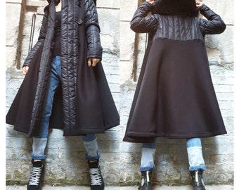 New Collection Daywear Coat / Extravagant Black Coat / Hooded Coat/Casual Autumn Coat /Buttons Wadding Vest /Everyday Coat Below The Knee