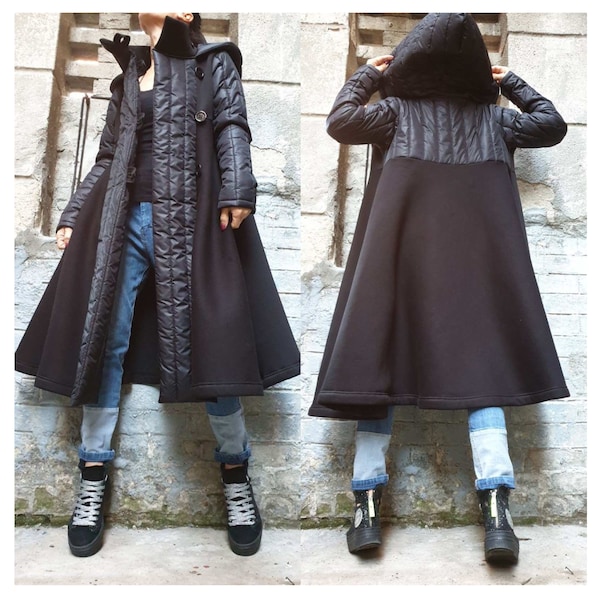 Manteau de jour Nouvelle collection/Manteau noir extravagant/Manteau à capuche/Manteau d'automne décontracté/Gilet en ouate avec boutons/Manteau de tous les jours sous le genou