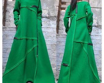 New Warm Winter Dress/Long Sleeve Dress/Extravagant Cotton Dress/Everyday Zipper Dress/Maxi Winter Clothing/Casual Green Long Dress