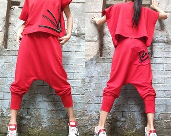 Casual Comfortable Set/Drop Crotch Pants/Cotton Red Top/Maxi Woman Clothing/Extravagant Cotton Set/Red Two Pice Outfit/Pants Blouse Set