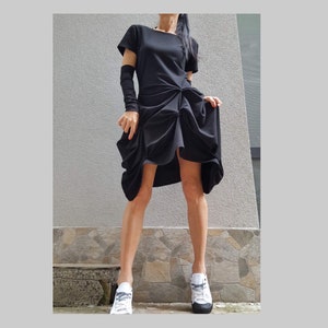 Extravagant Dress/Separate Sleeve Tunic/Asymmetric Black Tunic/Casual Cotton Dress/Short Sleeve Tunic/Summer Comfortable Tunic/Party Dress