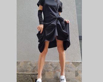 Avant Garde Asymmetric Tunic Dress / Draped Black Cotton Elastane Dress / Summer Designer Tunic / Extra Sleeve Arm Warmers