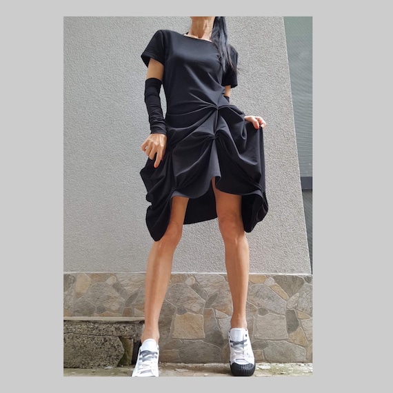 designer tunic dress Avant Garde Asymmetric Tunic Dress / Draped Black Cotton Elastane Dress / Summer Designer Tunic / Extra Sleeve Arm Warmers