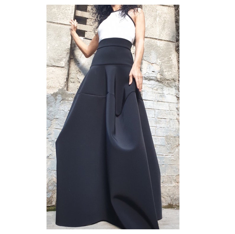 Extravagante lange rok/hoge taille rok/Avant-Garde zwarte rok/vrouwen comfortabele rok/vrouwen neopreen rok/gedeconstrueerde rok/Gothic afbeelding 6