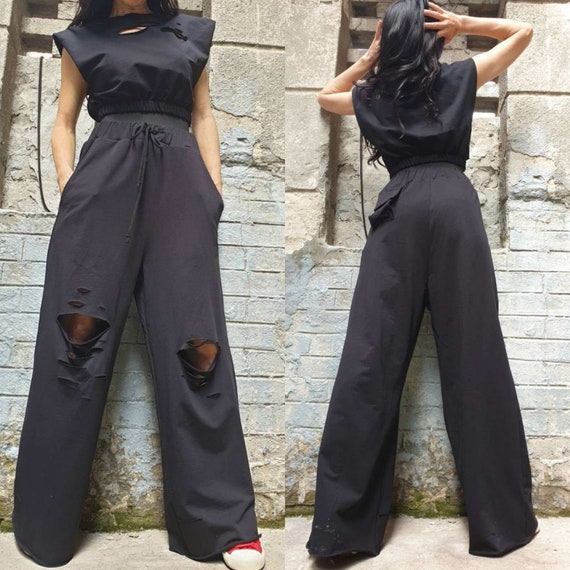 Pants Blouse Casual Black Set/two Piece Cotton Set/high Waist Pants/everyday  Short Top/extravagant Blouse Pants Outfit/avantgarde Set 