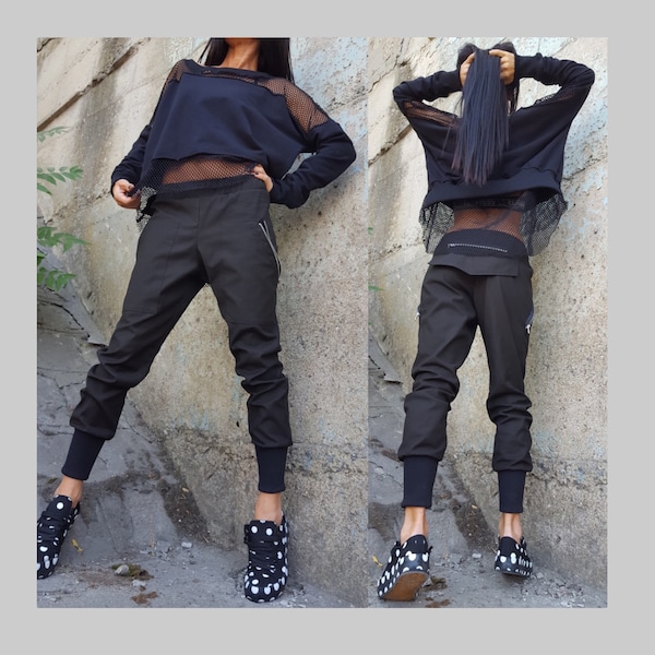 Black Avant-Garde Cotton Pants with Zipper Details / Urban Designer Trousers
