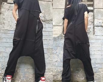 Urban Woman Jumpsuit/Harem Black Overalls/Maxi Cotton Jumpsuit/Everyday Loose Overalls/Casual Zipper Jumpsuit/Extravagant Jumpsuit