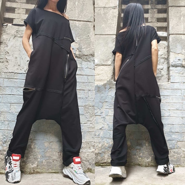 Black Asymmetrical Jumpsuit with Short Sleeves – Designer Cut / Exposed Seams & Zippers / Two-Thread Fleece Romper with Side Pockets