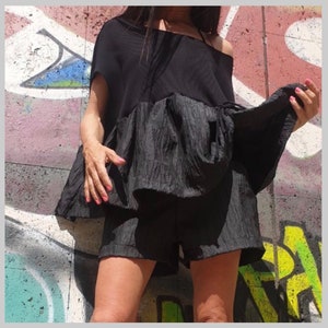 Black Two Piece Set/asymmetric Blouse/black Short Pants/everyday Women