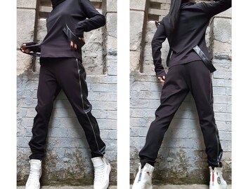 New Collection Blouse Leggings Set/Extravagant Two Piece Set/Cotton And Eco Leather Set/Everyday Black Set/Zipper Slim Fit Pants/party Top