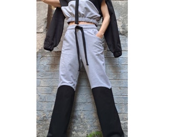 Urban Two-Piece Cotton Set – Cropped Hooded Top & High Waist Pants / Grey and Black Women’s Outfit