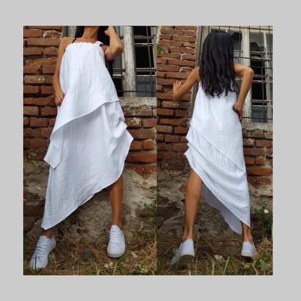 Extravagant White Dress/Asymmetric Summer Dress/White Linen Women Dress/Withe Casual Tunic/Loose long Tunic/Summers Tunic Top