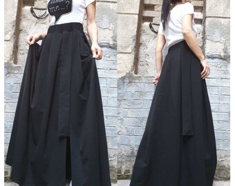 Cotton Flare Skirt/Extravagant Long Skirt/Loose Black Skirt/Plus Size Clothing/Sport Elegant Skirt/Classic Modern Black Cotton Skirt