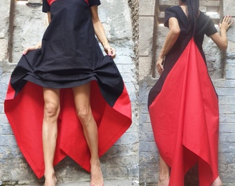 Extravagante jurk/lange korte katoenen jurk/feestvrouw jurk/asymmetrische zwart rode jurk/alledaagse zomerjurk/ontwerper vrouw kleding
