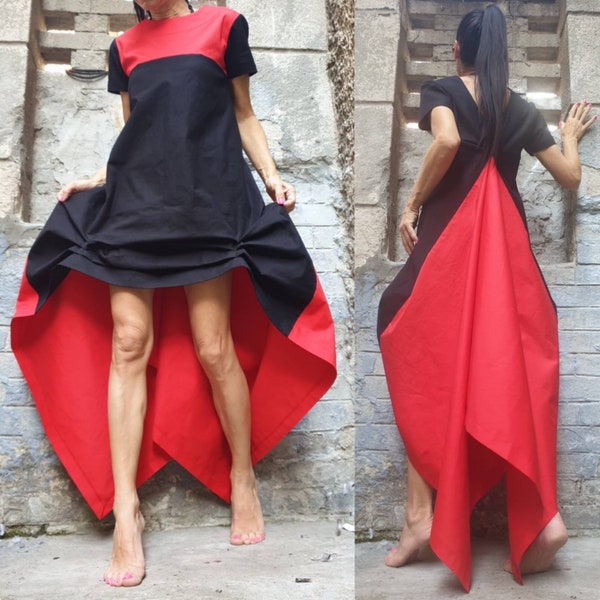 Extravagantes Kleid/Langes kurzes Baumwollkleid/Party-Frauenkleid/Asymmetrisches schwarz-rotes Kleid/Alltags-Sommerkleid/Designer-Frauenkleidung