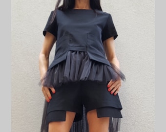 Chemisier extravagant/chemisier noir asymétrique/chemisier confortable avec tulle/chemisier maxi pour femme/chemisier décontracté/chemisier de fête/chemisier avant-gardiste