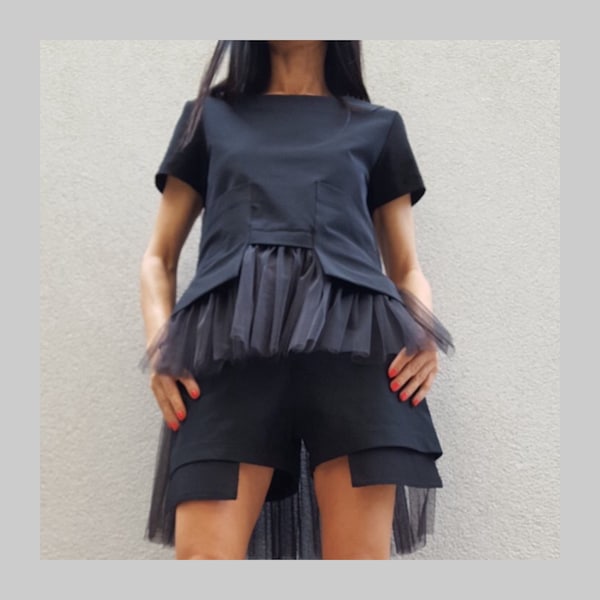 Extravagant Blouse/Asymmetric Black Blouse/Comfortable Blouse With Tulle/Maxi Women Blouse/Casual Blouse/Party Blouse/Avant-Garde Blouse