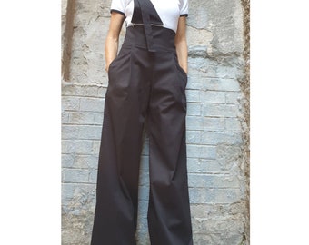High Waist Cotton Wide Leg Pants: Black Trouser with Shoulder Ornament