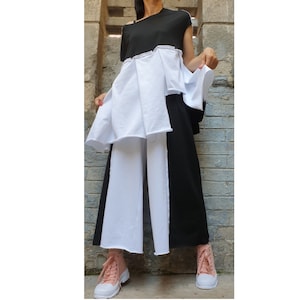 Loose Black White Pants Blouse Set/Outwear Woman Outfit/Extravagant Cotton Set/Asymmetric Everyday Set/Maxi Woman Clothing/Summer Woman Set