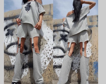 Avant-garde Set/Extravagant Set/Casual Pants/Loose Blouse/Comfortable Gray Set/Short Sleeve Blouse/Asymmetric Pants/Pants Blouse Women Set