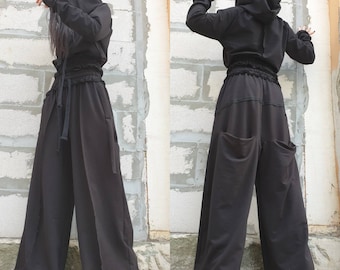 Outwear Woman Outfit/Hooded Two Piece Cotton Set/Wide Leg Pants/Long Sleeve Blouse/Urban Woman Set/Loose Long Trousers/Everyday Woman Set