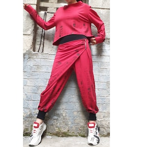 New Collection Extravagant Red Set/Casual Hand Painted Pants Blouse Set/Harem Red Cotton Pants/Long Sleeve Top/Hand Painted Woman Clothing