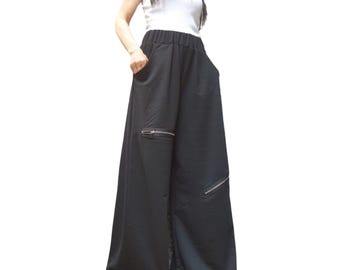 Black Wide Leg Cotton Pants with Zippers / Oversized Palazzo Pants / Elastic Waist Trousers / Avant Garde Women’s Pants / Plus Size Clothing