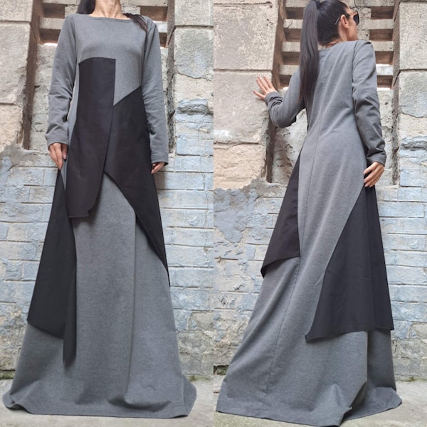 Extravagant Kaftan Dress / Daywear Long Sleeve Dress / Casual Grey Dress / Maxi Cotton Dress / Party Kaftan Long Dress