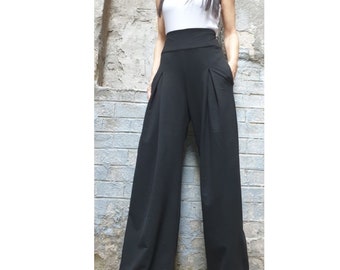 Black High Waist Wide Leg Pants for Women, Avant Garde Cotton Trousers, Loose Palazzo Pants with Pockets, Elegant Flared Designer Pants