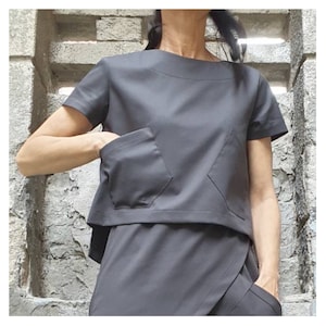 New Grey Woman Blouse/Short Sleeve Top/Everyday Short Blouse/Summer Woman Top/Front Pockets Grey Blouse/Party Cotton Blouse Top