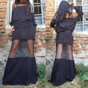 Extravagantes Zweiteiler-Set/ schwarzes Cocktailset/ urbane Frauenbluse/ asymmetrisches Baumwollset/ langer schwarzer Rock/ bequemes Set