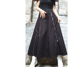 Black Maxi Skirt with Front Zippers / Elastic Waist Cotton Skirt / Avant Garde Women Skirt / Long Designer Skirt / Urban Statement Clothing