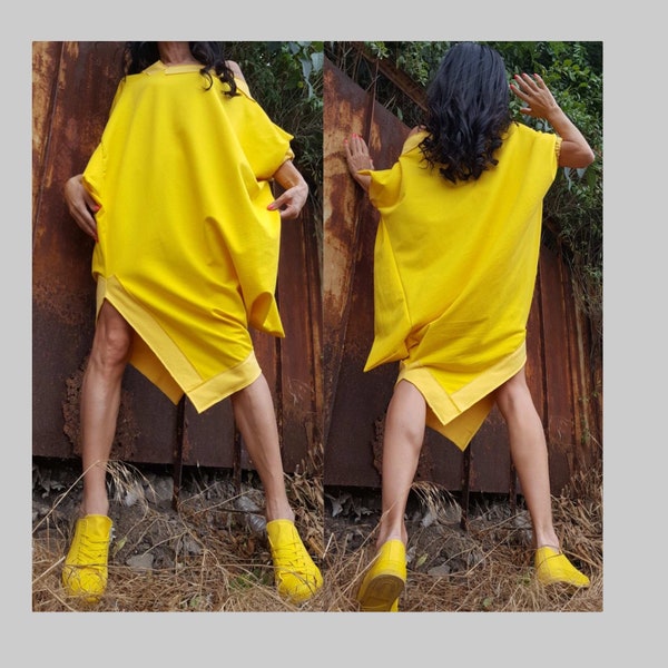 Tunique en coton jaune/robe surdimensionnée/tunique extravagante/haut confortable/tunique à une épaule/robe asymétrique/tunique douce ample/tunique à manches courtes