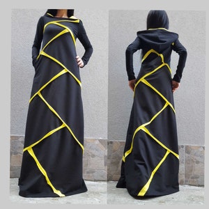 Extravagant Long Dress/Long Sleeve Dress/Women Hood Dress/Black Kaftan Woman Dress/Loose Women Dress/Women Cotton Dress/Side Pockets Dress