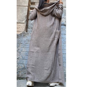 Knitted Long Vest/Outwear Everyday Vest/Extravagant Long Vest/Wool Beige Vest/Vest With Hood And Outer Pockets/Casual Long Sleeve Beige Vest