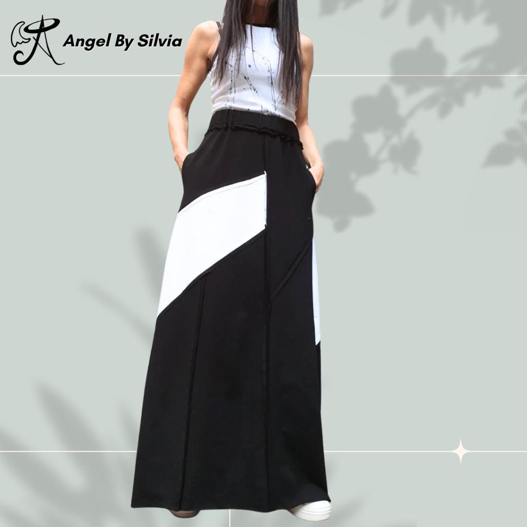 スカート Women's Color Block Long Skirt Black Color Block Skirt - Etsy