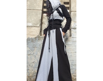 Avantgarde Cotton Hooded Set / Asymmetric Hoodie & Wide Leg Pants / Black Gray Designer Tracksuit / High Waist Pants / Extravagant Women Set