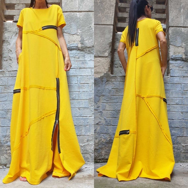 Robe longue jaune/Robe ample en coton/Robe extravagante à fermeture éclair/Robe à manches courtes/Vêtements femme maxi/Robe avant-gardiste/Robe de créateur