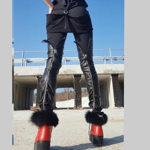 Extravagant Sexy Slim Fit Black Leggings/ Zipper Extra Long Pants/Eco Leather Leggings /Casual Black Pants/Comfortable Everyday Leggings