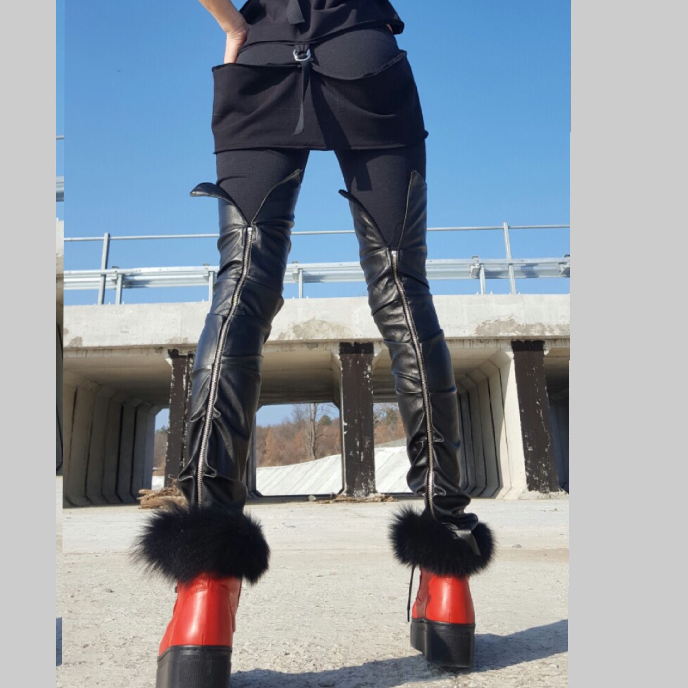 Women Black Leggings From Jersey and Faux Leather / High Waist Leggings /  Plus Size Leggings / Elastic Waist Leggings / Full Length Leggings 